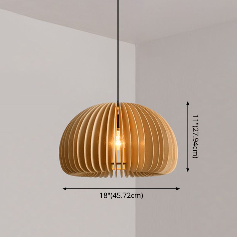 Wood Pumpkin Hanging Pendant Light Japanese Style Beige Pendant Lighting Fixture