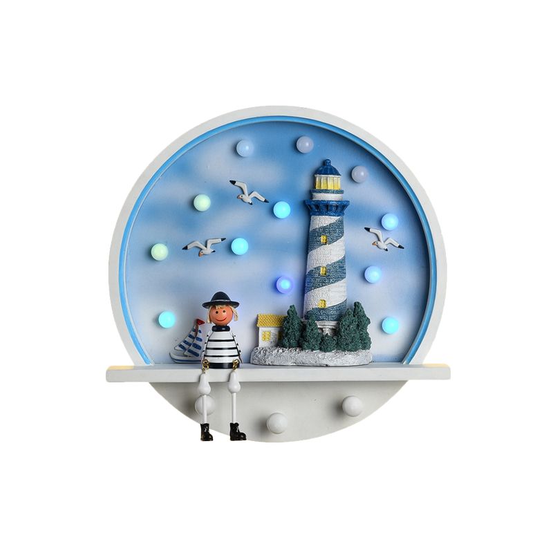 Wood Lighthouse Wall Sconce Kids LED Round Wall Lighting in White and Blue, White/3 Color Light