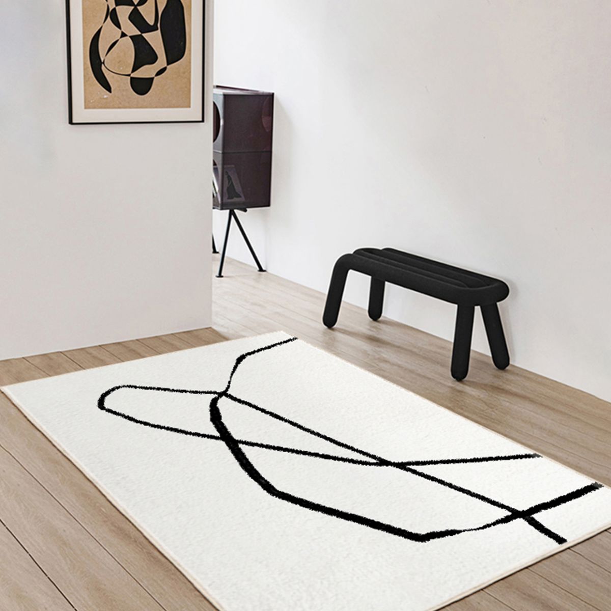 White Tone Casual Area Rug Polyester Lines Print Rug Non-Slip Backing Indoor Rug for Living Room