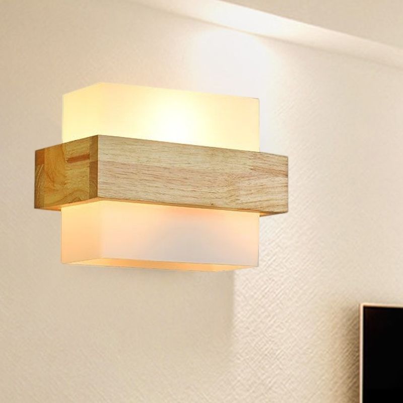 Houten rechthoek wandlamp modernist 1 hoofd beige sconce lamp met witte glazen schaduw