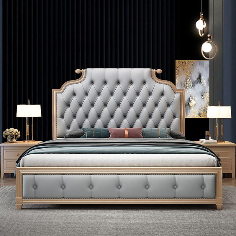 Glam wood Bed Frame Tufted Faux Leather Standard Bed with Headboard