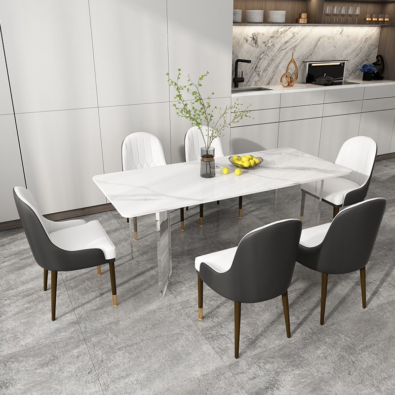 Eettafel met stenen blad Eigentijdse rechthoekige eettafel met dubbel voetstuk