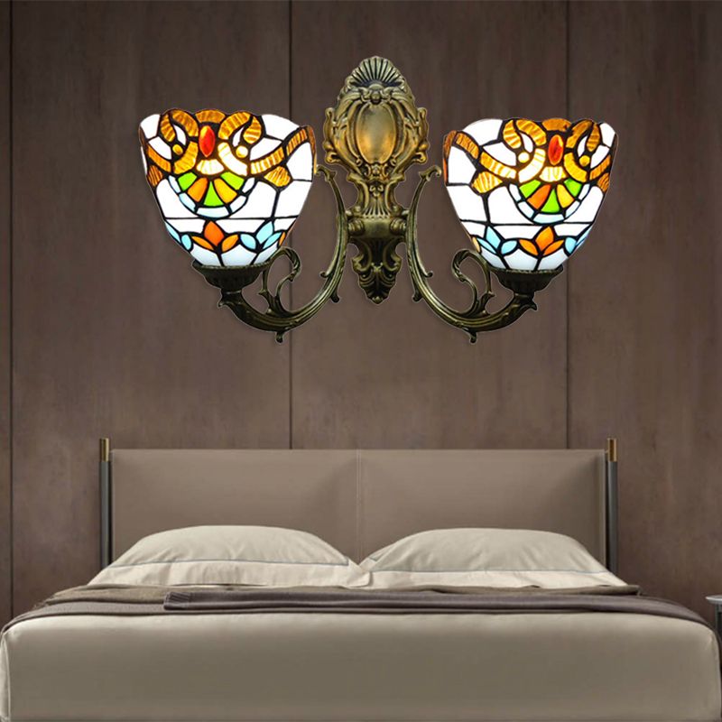 Stained Glass Bowl Wall Lamp with Curved Arm Baroque 2 Heads Wall Sconce Lighting in Aged Brass