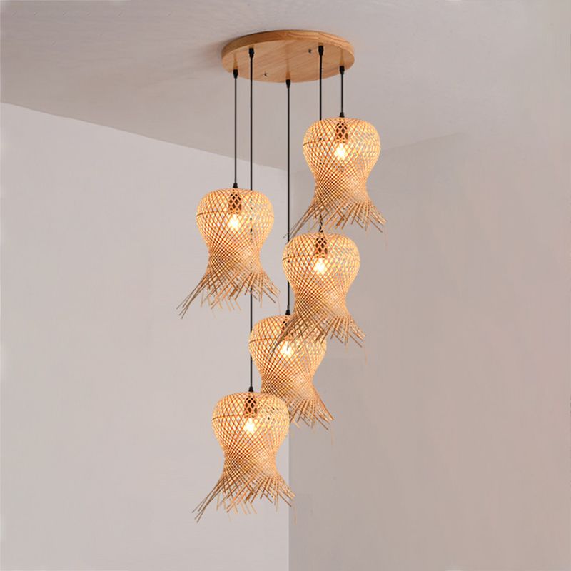 Unique Shade Hanging Lighting Modern Style Bamboo Multi Lights Hanging Lamp