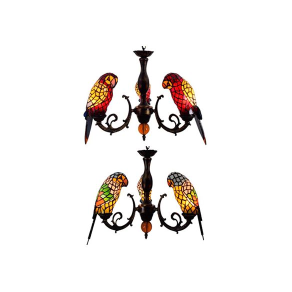 Sospensione per pappagallo rosso/blu Light Tiffany in stile Tiffany colorato 3 luci lampadario per il ristorante