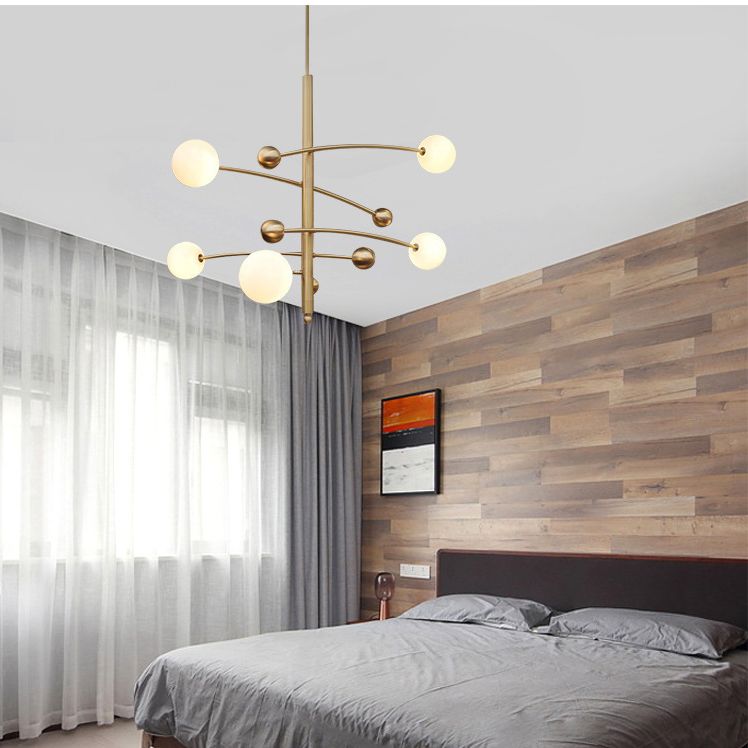 Post-Modern Hanging Chandelier Light Opal Glass Shade 5 Light Ceiling Chandelier in Gold for Bedroom