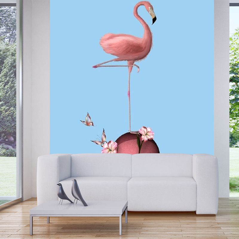 Full Size Modern Wall Mural Decal Pink-Blue Flamingo Stand on Flower Ball Wall Covering, Custom Size