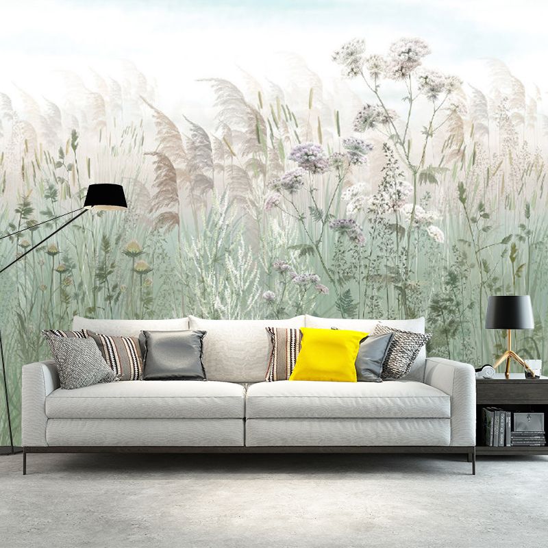 Reed Grass Plant Wall Murals Countryside Non-Woven Material Wall Covering in Grey-Green
