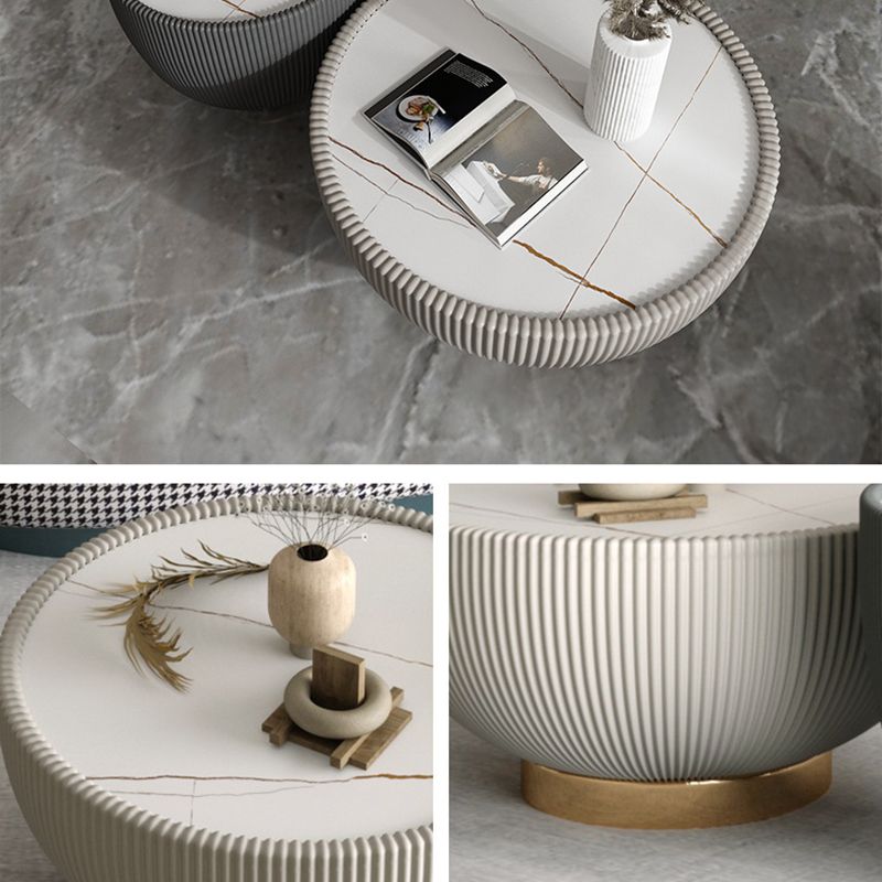 Luxurious Slate Round Pedestal Coffee Cocktail Table in White and Gray