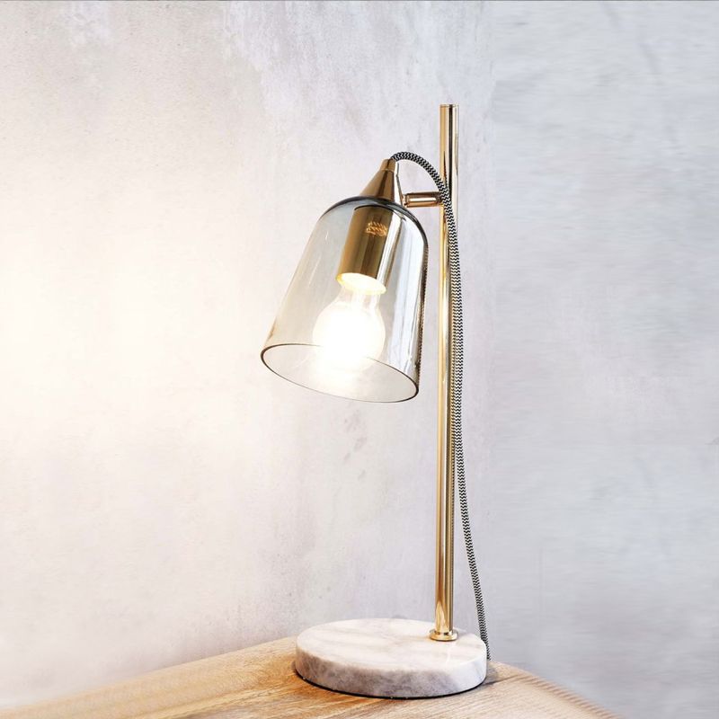 Bell Shade Table Light Mid-Century Transparent Glass Single Gold Night Lamp with Round Marble Pedestal