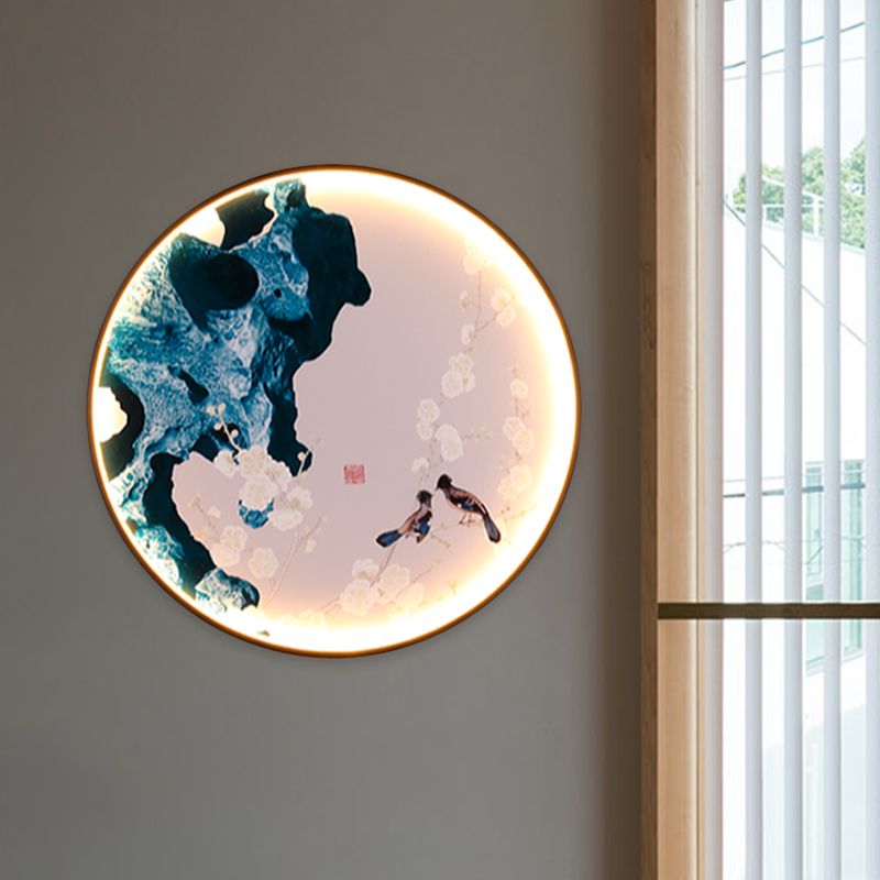 Asia LED Mural Light Black Halcyon and Pine Tree/Bird and Mountain Painting Wall Lighting Ideas with Fabric Shade