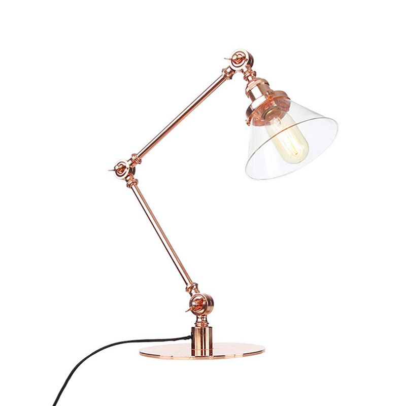 Table conique de style industriel clair Ambre / verre transparent et métal 1 lampe de table de chambre à coucher légère avec bras réglable en noir / laiton