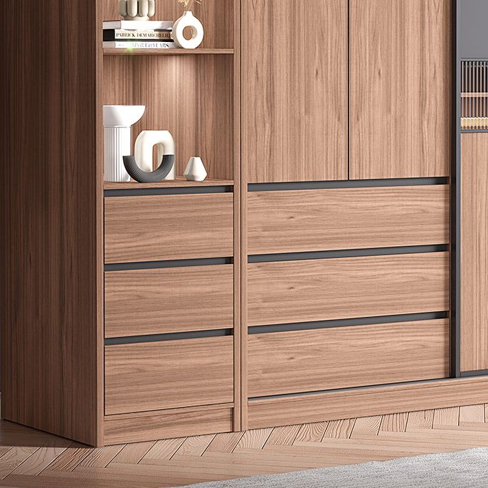 Contemporary Freestanding Wardrobe Armoire Brown Wood Wardrobe with Drawers