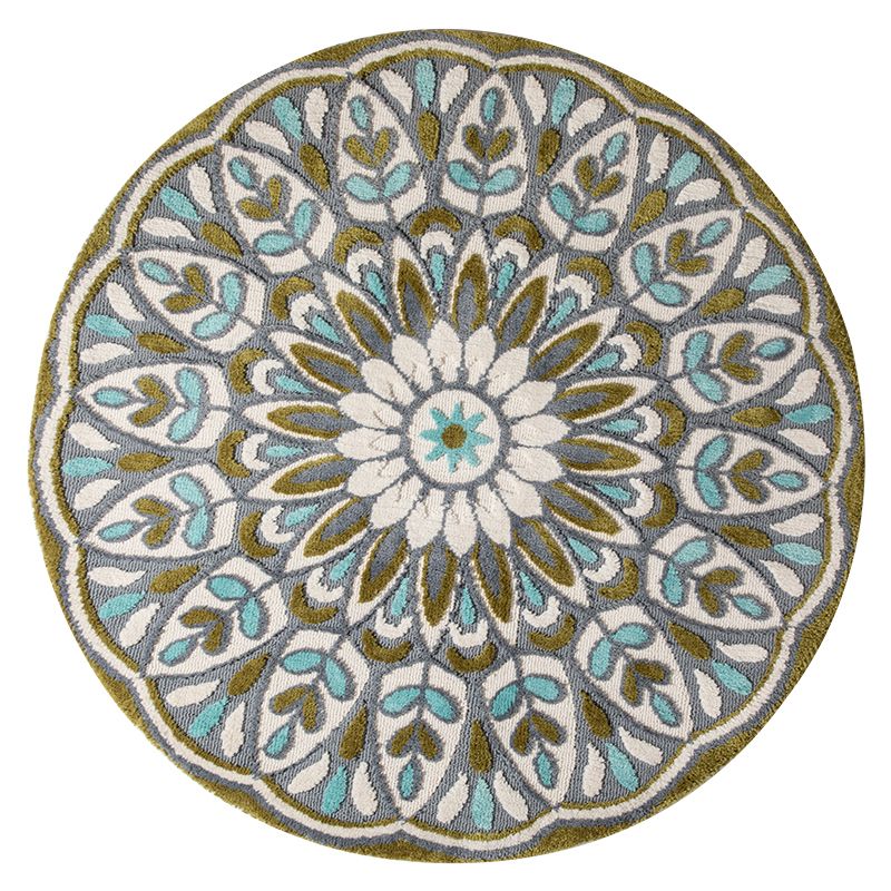 Green-Blue Bedroom Rug Moroccan Floral Printed Indoor Rug Super Fiber Non-Slip Pet Friendly Area Carpet