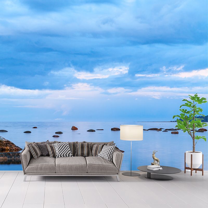 Tidal Flat with Rocks Mural Wallpaper Blue Tropical Wall Covering for Living Room