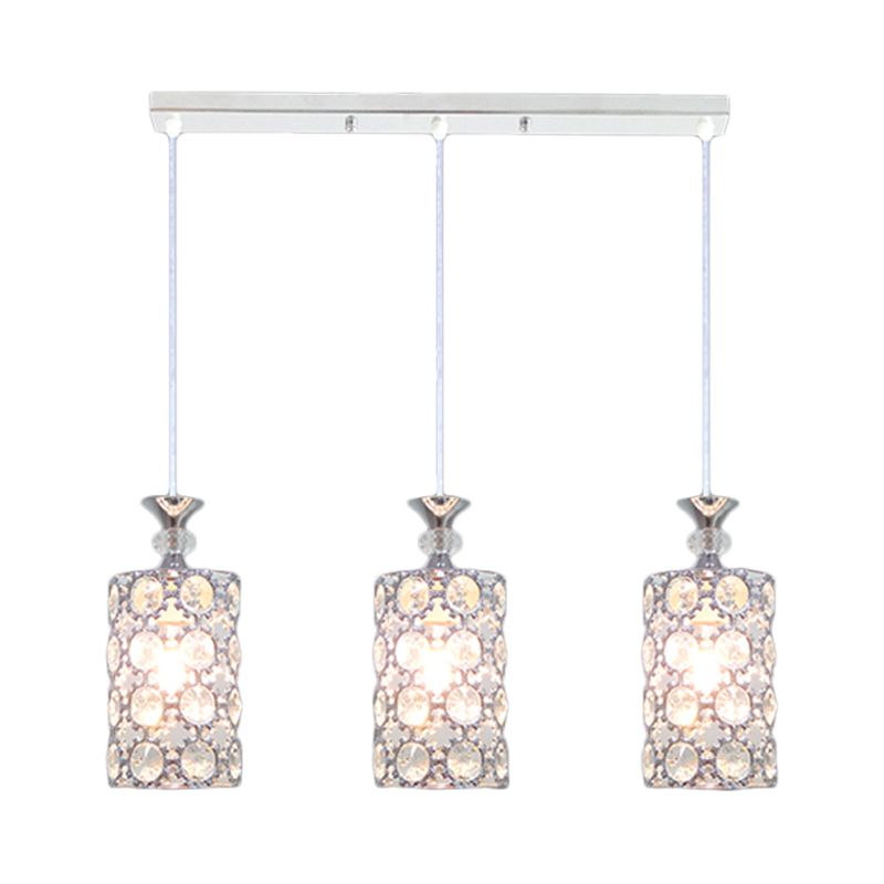 3 Lights Restaurant Hanging Ceiling Lamp Modern Silver Cluster Pendant with Cylinder Crystal Encrusted Shade