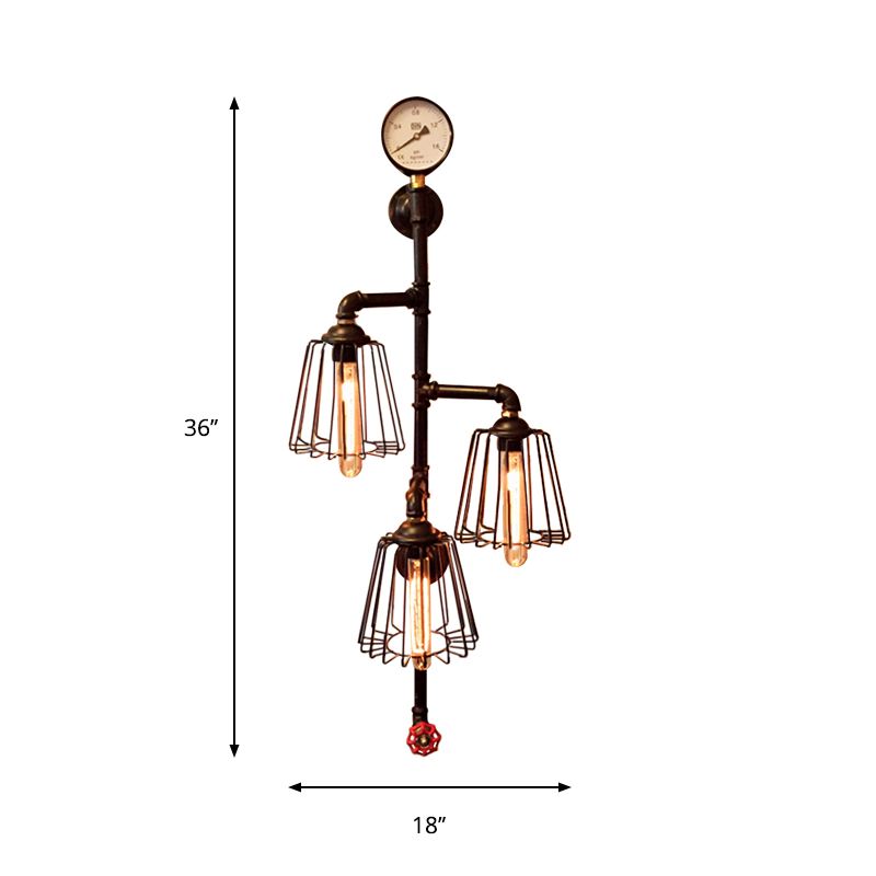 3 Lights Tapered Cage Wall Lamp with Pipe and Gauge Industrial Style Black Metal Wall Light Sconce for Restaurant