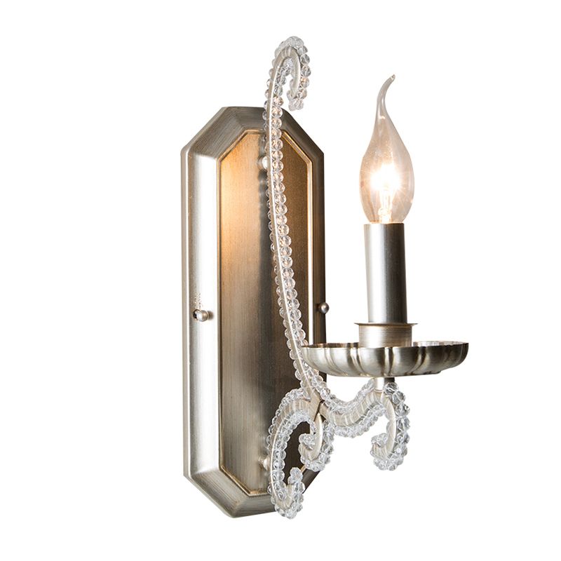Metal Candle Wall Mounted Light Rustic Bedside Sconce Lighting Fixture with Crystal Bead
