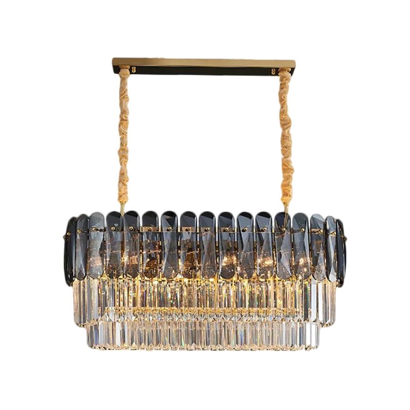 3-Tier Rectangular Dining Room Pendant Amber/Smoke Gray Crystal Block 12-Light Contemporary Island Lamp