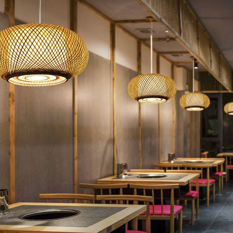 Asia Drum Pendant Light 1-Light Beige Hanging Ceiling Light for Dining Room