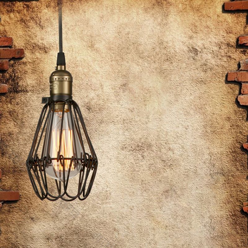 Rustic Style Diamond Cage Hanging Light 1 Head Wrought Iron Pendant Lighting in Black/Brass for Restaurant