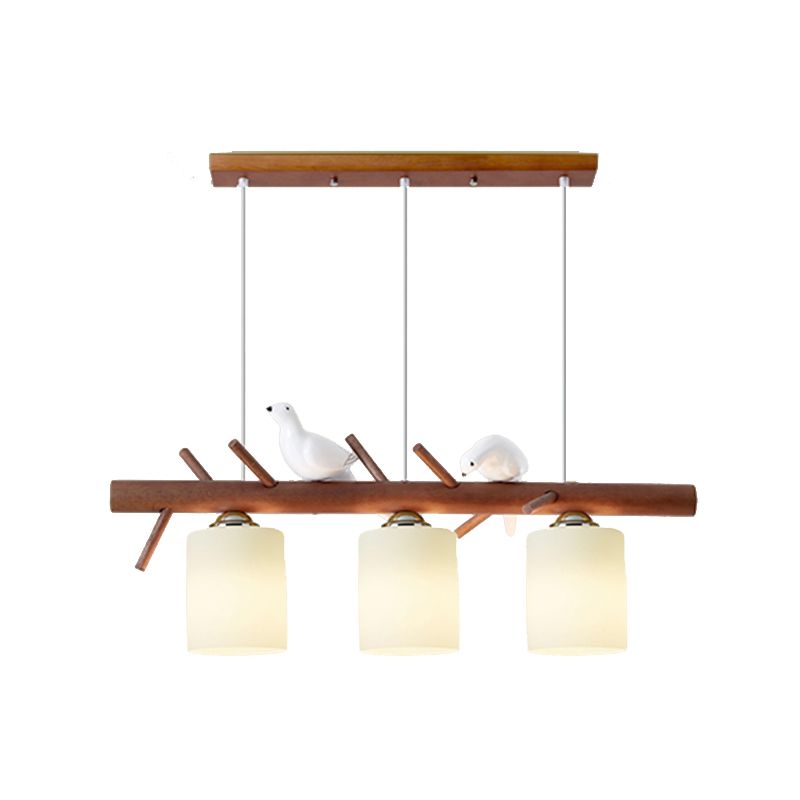 Modern Wood Pendant Light Cylinder Shape Island Light with Glass Shade for Bedroom