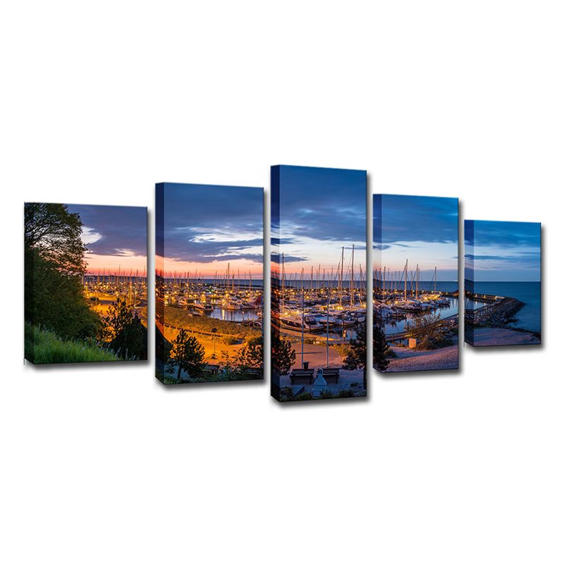 Coastal Yacht Nightfall Scene Art Print Blue Tropical Wall Decor for Living Room