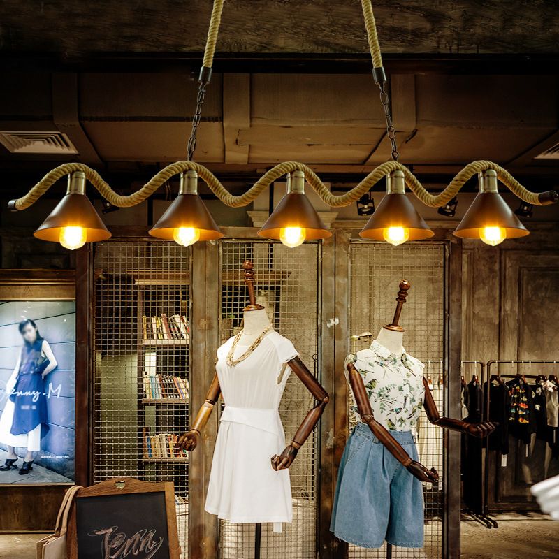 Hemp Rope Island Ceiling Light Vintage Style Restaurant Island Chandelier Light with Cone Metal Shade