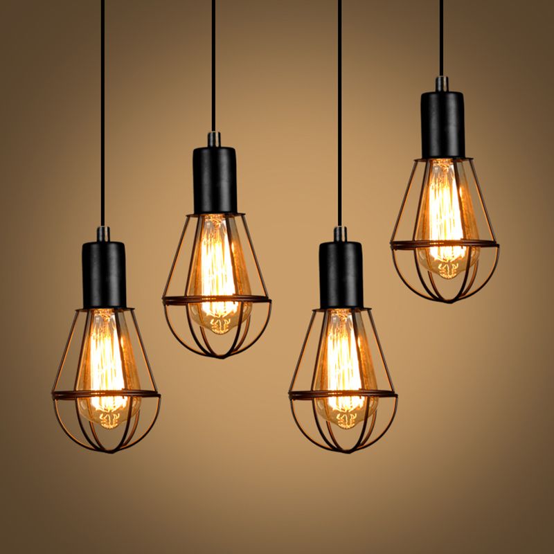 Zwarte industriële stijl plafond hanger draad kooi smeedijzeren lichtset voor eetkamer