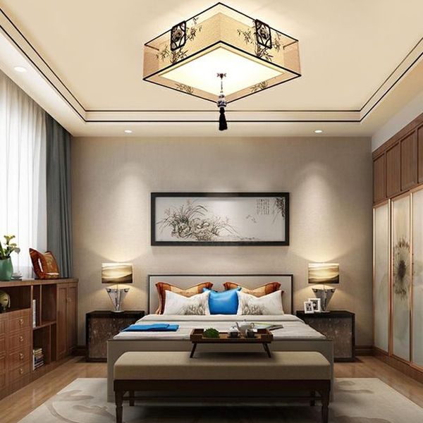 Geometry Shape Ceiling Lamp Tradition Iron Flush Mount with Fabric Lampshade for Bedroom