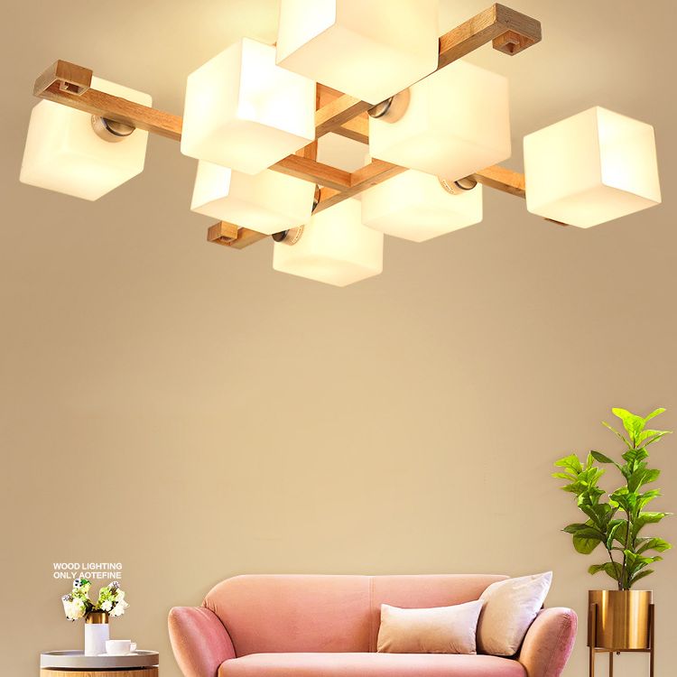 Bloc en verre blanc rinçage lustre nordique en bois semi-luxueux montage pour le salon