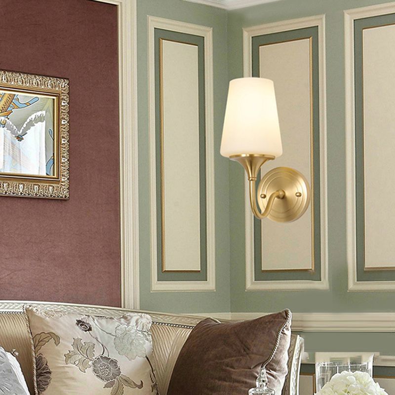 1/2-Bulb Cone Shade Wall Light Contemporary Style White Glass Wall Sconce Lighting in Brass for Bedroom