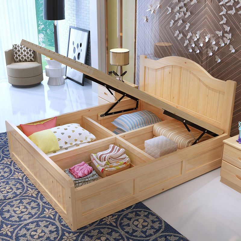 Contemporary Solid Color Standard Bed Wood Storage Camelback Bed Frame