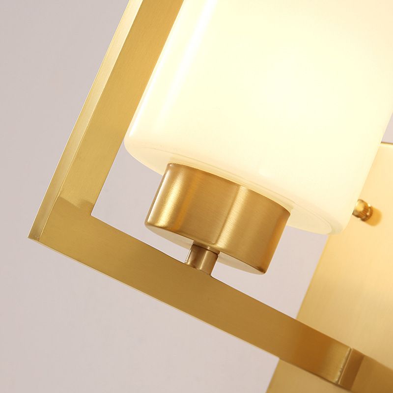 Minimalism Style Cylinder Wall Sconce Lamp 1 Light Opal Frosted Glass Wall Light in Brass for Bedroom