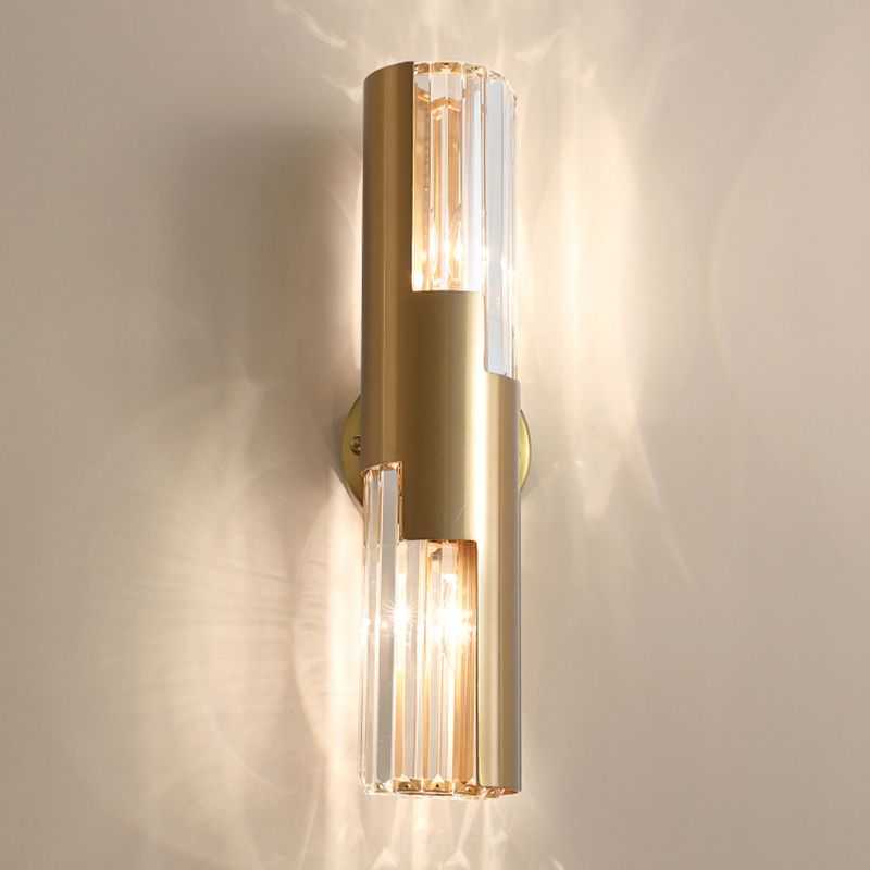 Pole Shaped Living Room Wall Sconce K9 Crystal 2-Bulb Minimalist Wall Mount Lamp in Gold
