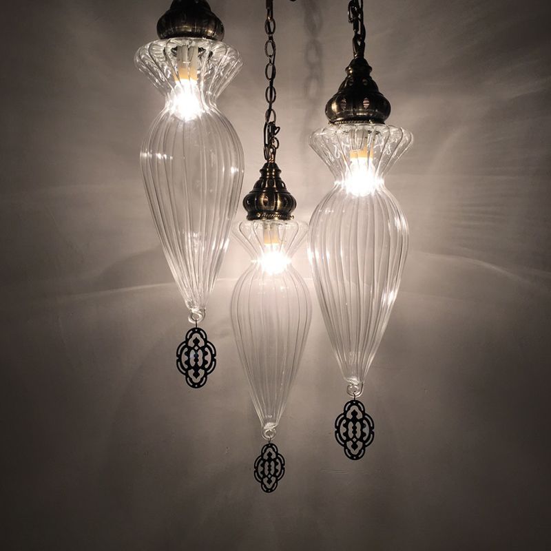 Traditional Gourd Chandelier Light 3 Bulbs Clear Ribbed Glass Pendant Lighting Fixture