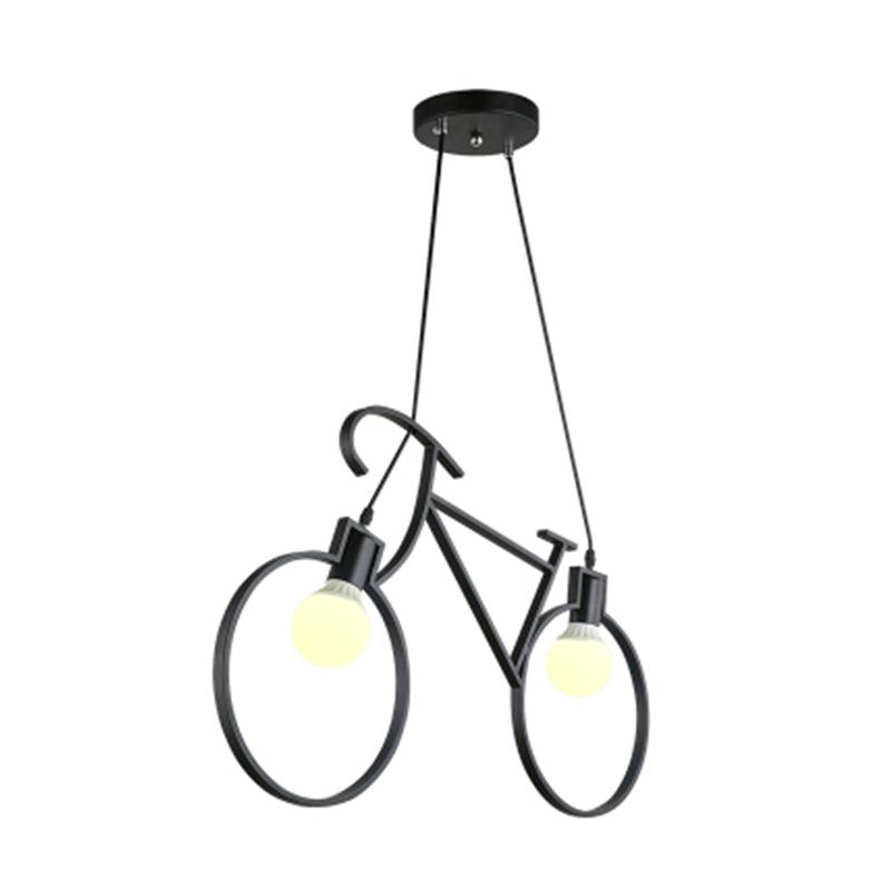 Black/White City Bike Hanging Light Kids 2-Light Iron Suspension Pendant with Open Bulb Design