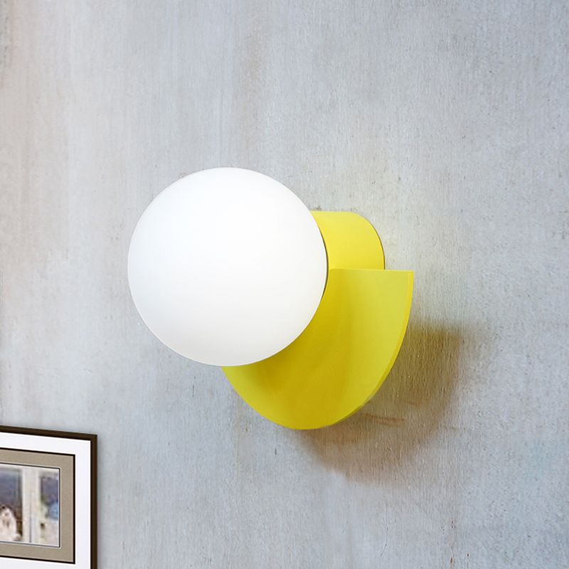 Yellow Half Round Wall Lamp Macaron 1 Bulb Iron Sconce Lighting with Ball Opal Glass Shade