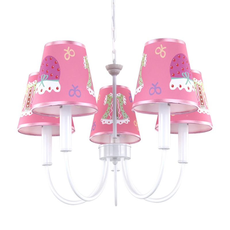 Cartoon Giraffe Hanging Light with Tapered Shade 5 Heads Metal Chandelier in Pink for Girls Room