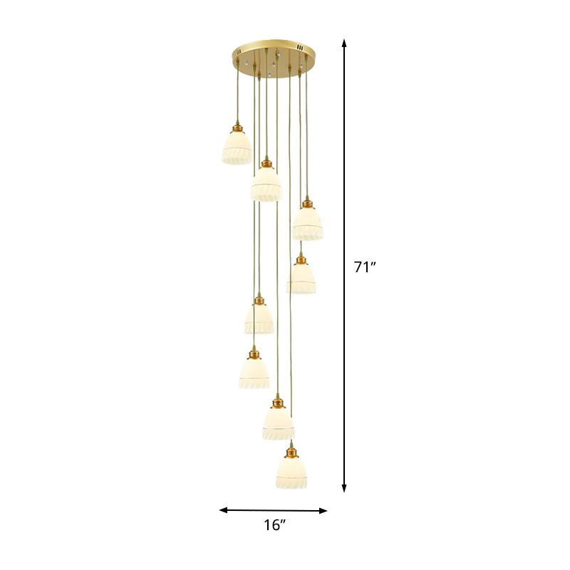 8-Head Pendant Lighting Modernism Stair Multi Ceiling Light with Bell/Dome White Glass Shade
