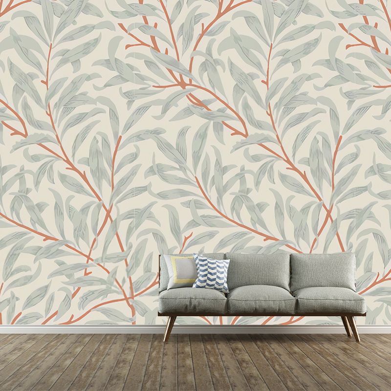 Beige and Green Plant Mural Personalized Size Leaves Wall Covering for Accent Wall