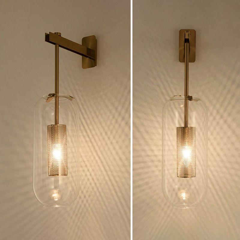 Moderno gambo in metallo applione da parete sospeso in vetro trasparente oblungo vetro a 1 bulbo sconde da parete