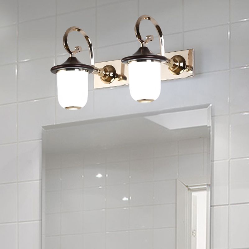 Classic Cylinder Wall Mount Lamp 2/3 Bulbs White Glass Vanity Mirror Light with Scroll Arm in Black