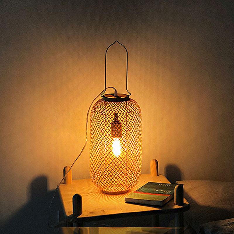 Asia-Style 1-Head Night Table Light Flaxen Cylinder Cage Nightstand Lamp with Bamboo Rattan Shade
