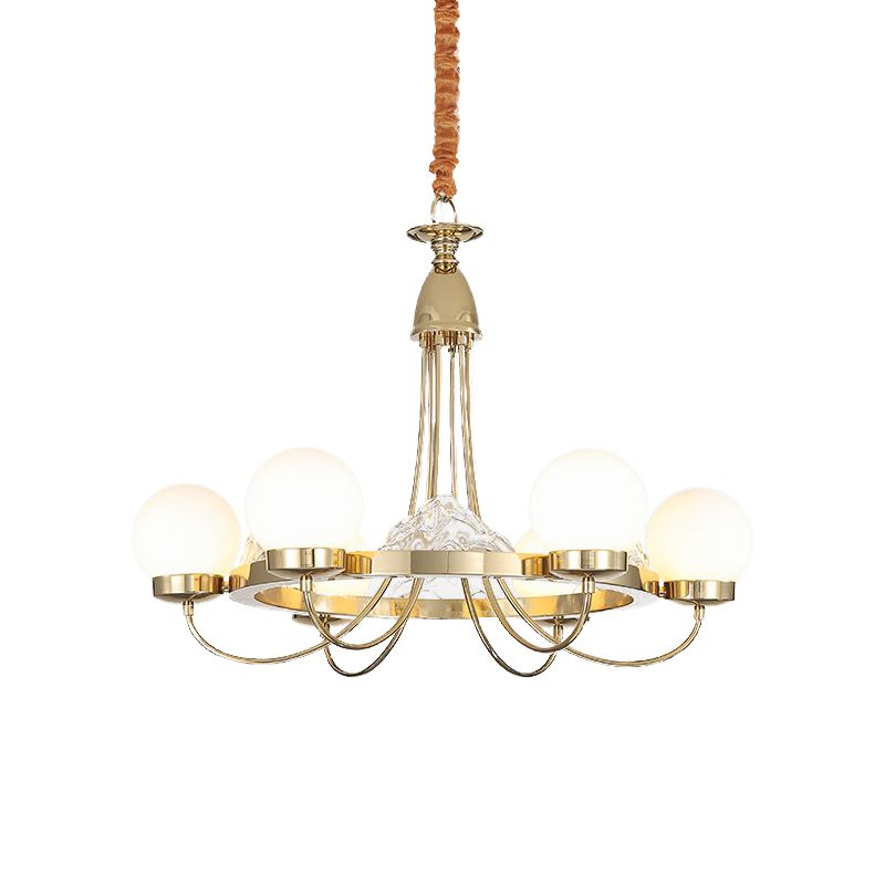 Gold gebogener Arm Decke Kronleuchter Post moderne 6 Köpfe Metall LED Hängende Licht mit Globus gefrostetem weißen Glasschatten