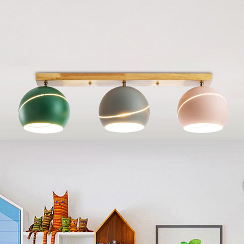 3 Heads Island Ceiling Light Fixture with Dome Metal Lampshade Modernist Semi Flush Lighting Fixture in Wood for Study Room