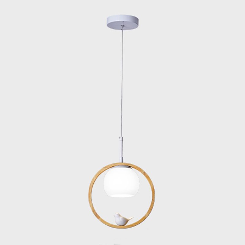 Moderne artistieke single hanging lamp houten bol hanglamp met witte glazen schaduw