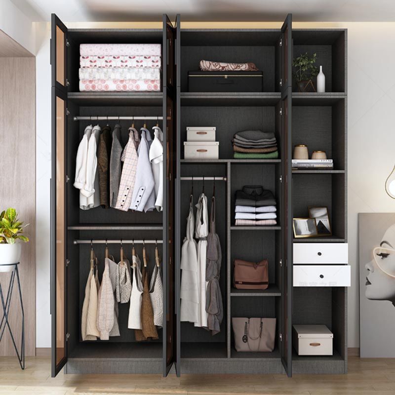 Modern Grey Wardrobe for Home Mirrored Finish Cabinet with Glass Door