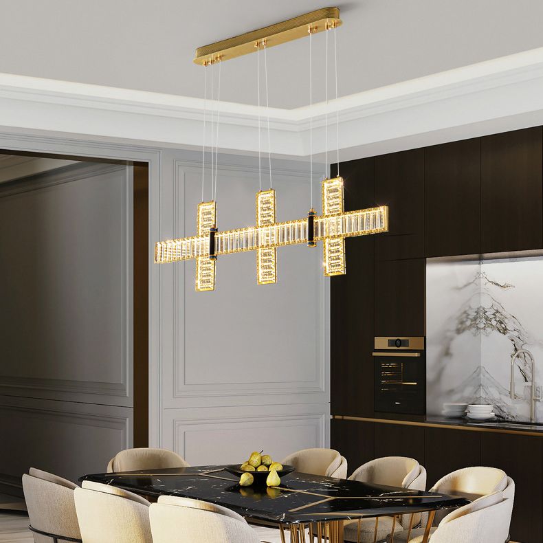 Contemporary Island Light Fixtures Linear LED Hanging Lamp with Crystal for Dining Room