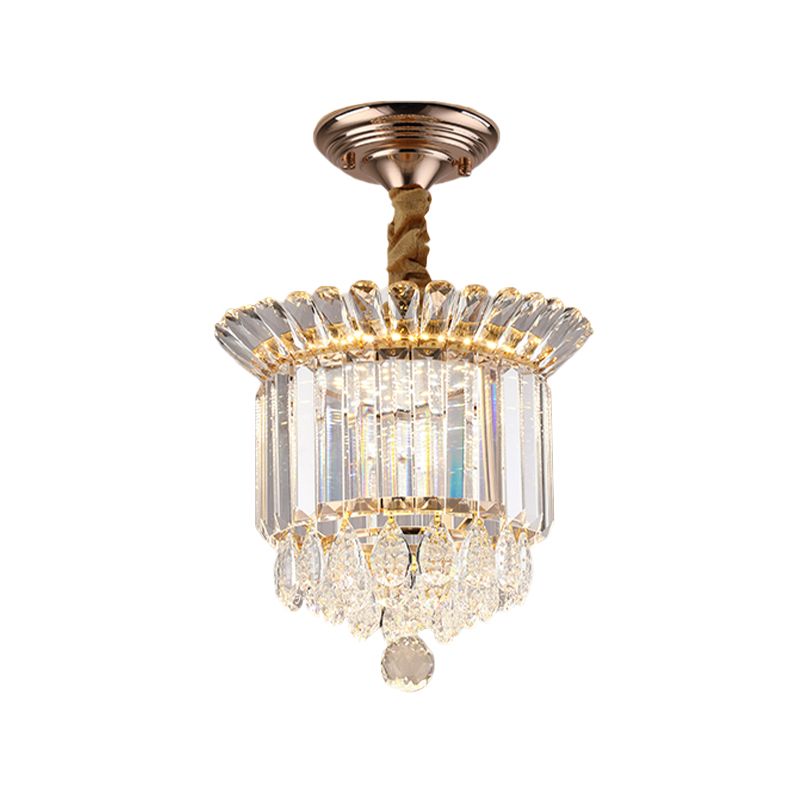 Clear Crystal LED Semi Flush Simplicity Galería cilíndrica de oro Cerca de la luz del techo con gotas